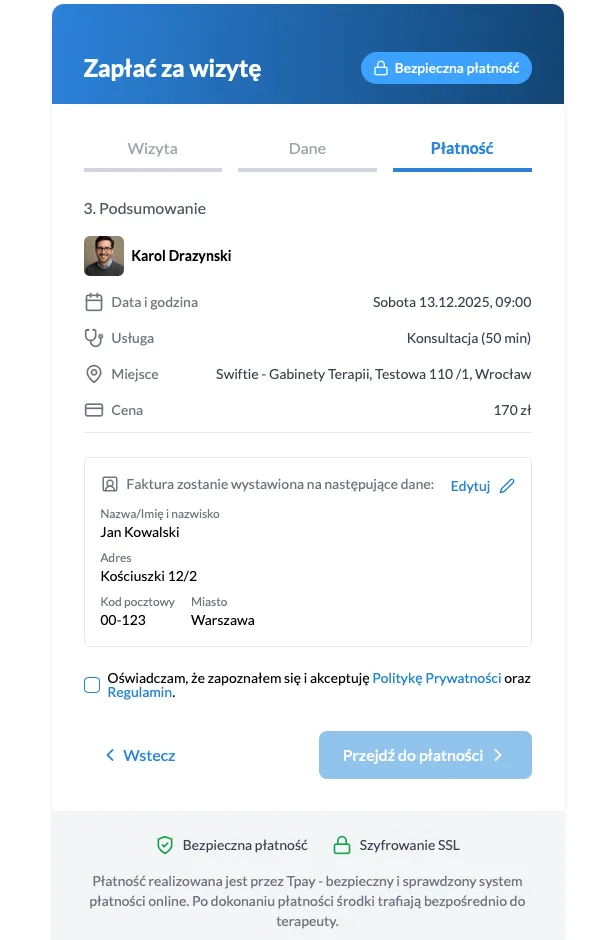 W ostatnim kroku widoczne jest podsumowanie i checkbox ze zgodnami na Regulamin oraz Politykę Prywatności gabinetu
