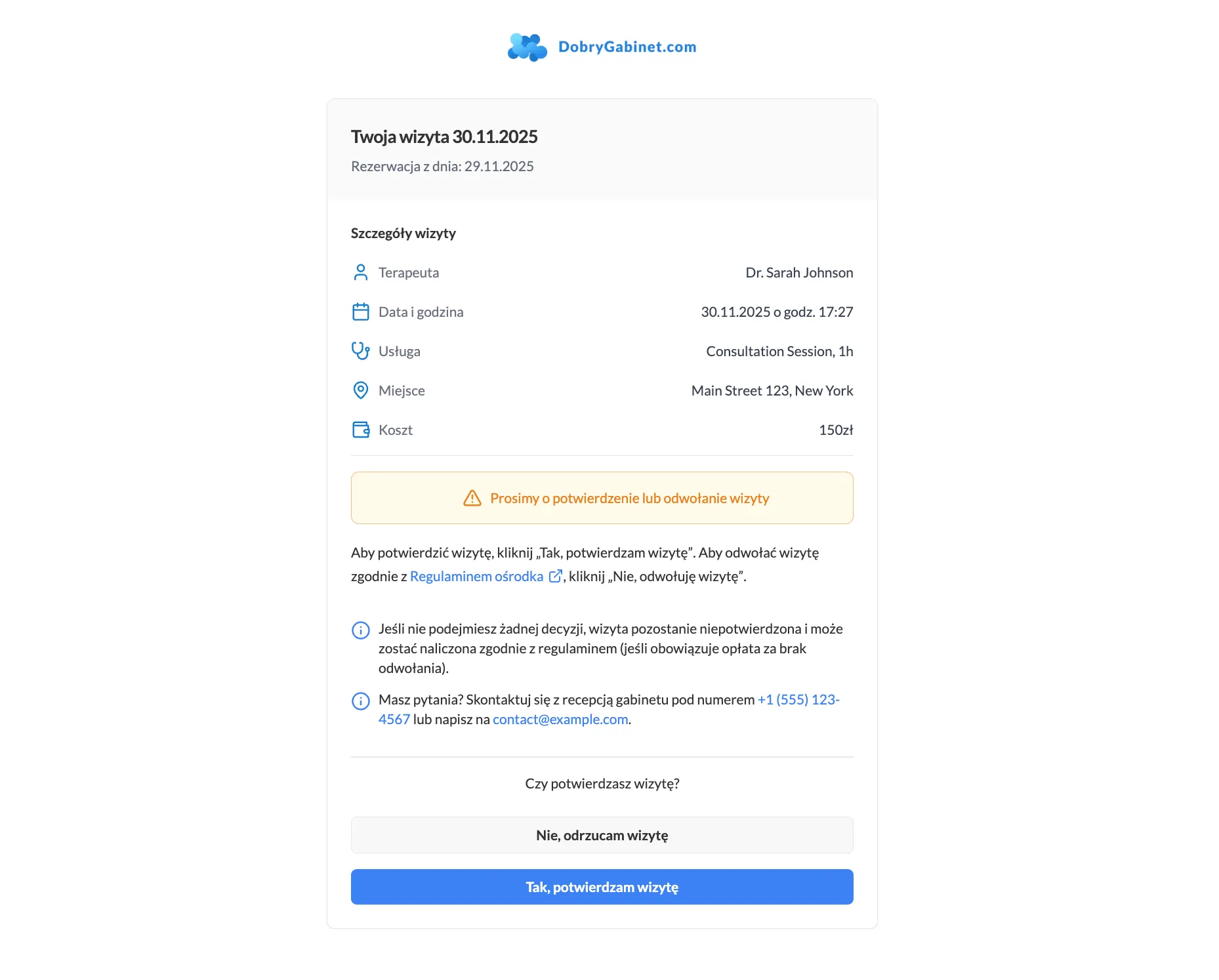 Ekran potwierdzenia lub odwołania wizyty przez pacjenta