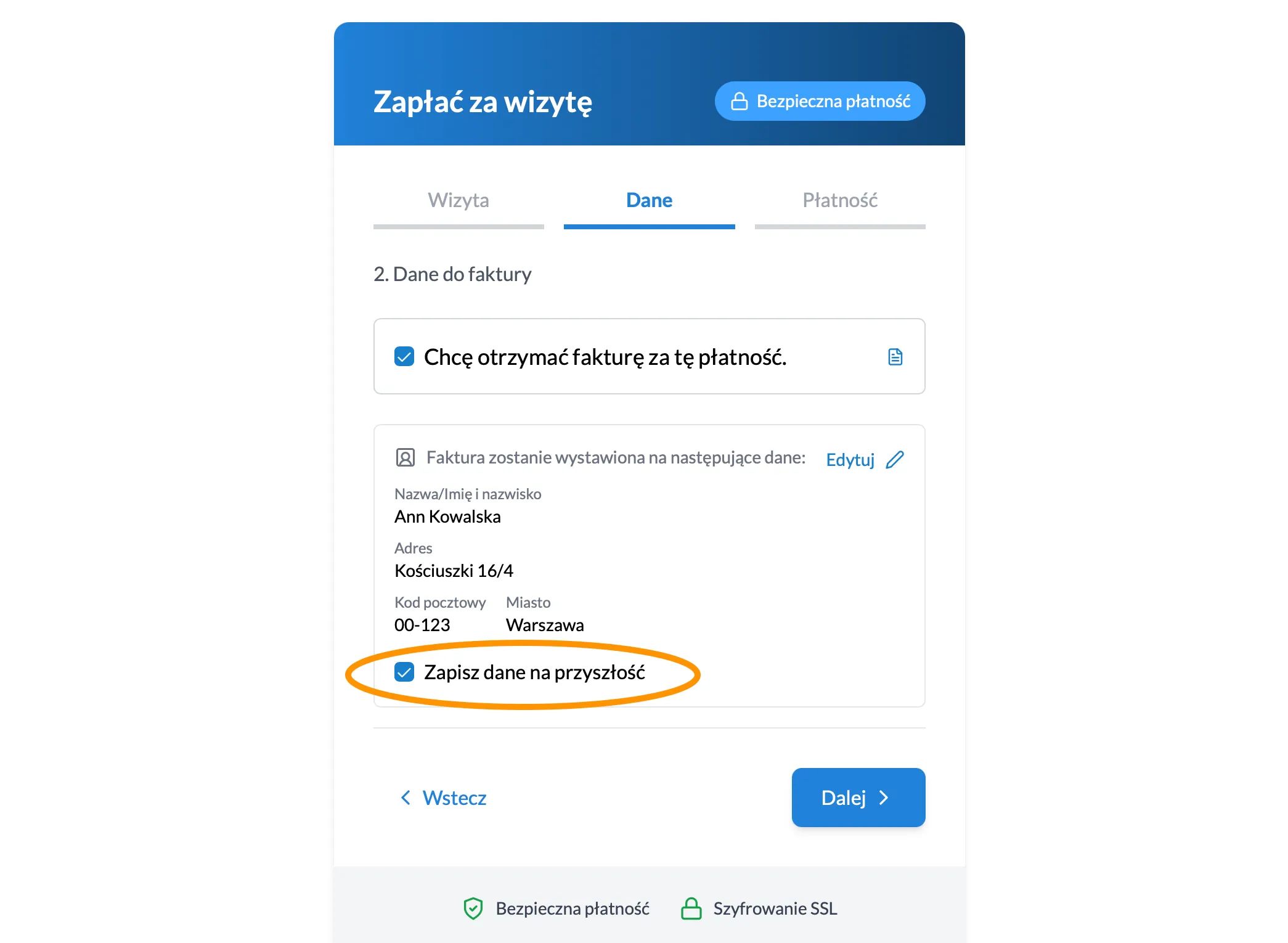 Checkbox zapisywania danych do faktury