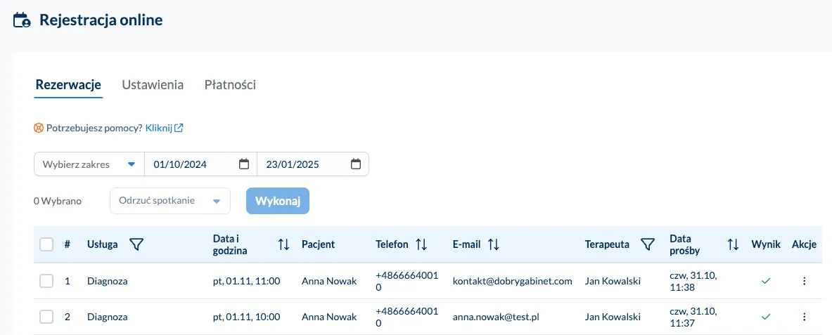 Tabela wszystkich rezerwacji z danego okresu z rej. online