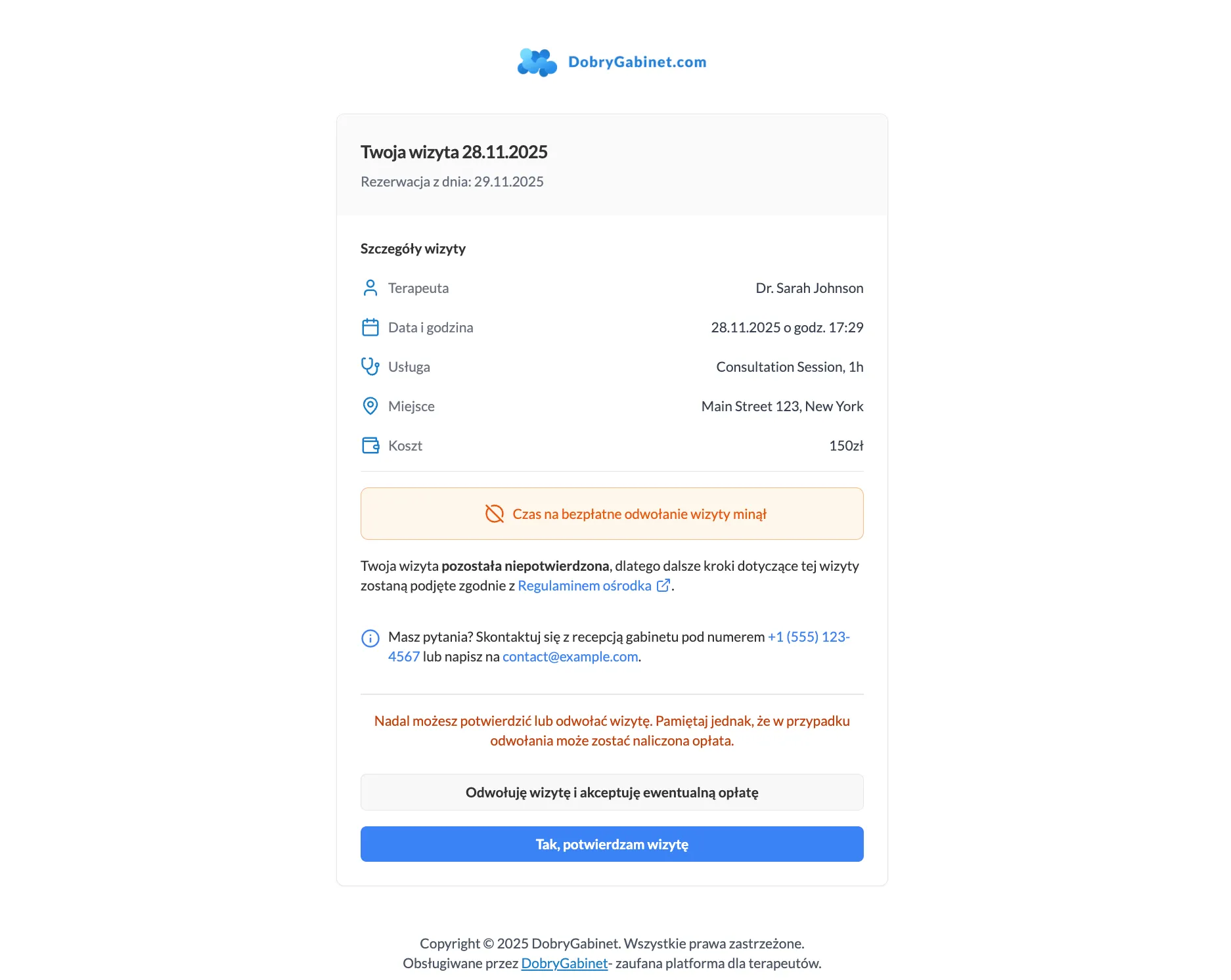 Ekran potwierdzenia lub odwołania wizyty przez pacjenta po terminie