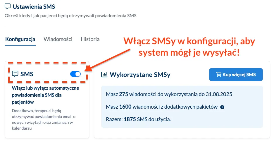 Włącznik wiadomości SMS dla pacjentów