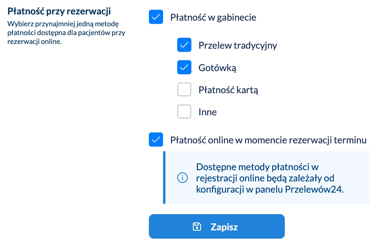 Panel wyboru metod płatności w DobrymGabinecie
